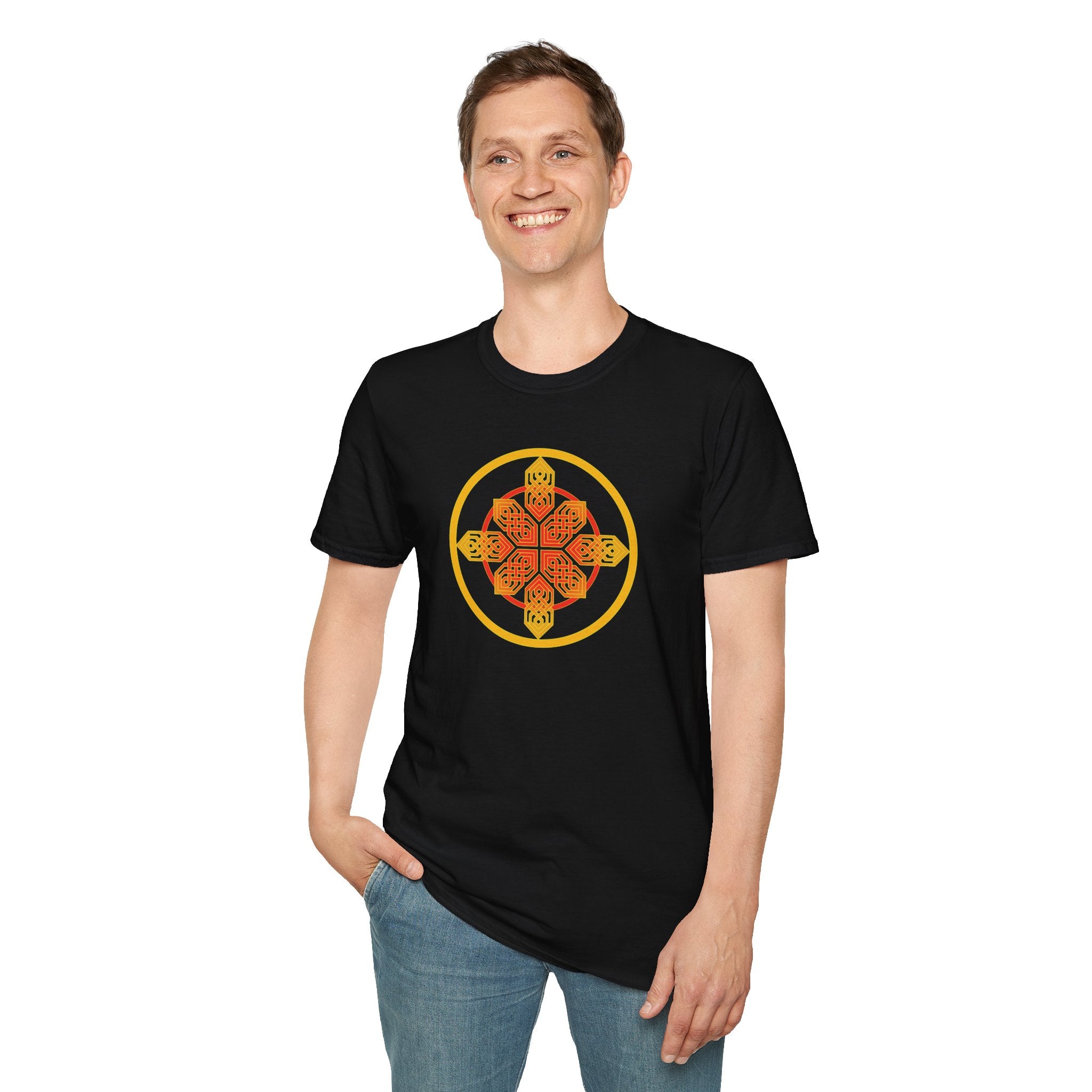 Red Blazing Celtic Cross Mandala T-Shirt — Geometric Celtic Knot Graphic Tee