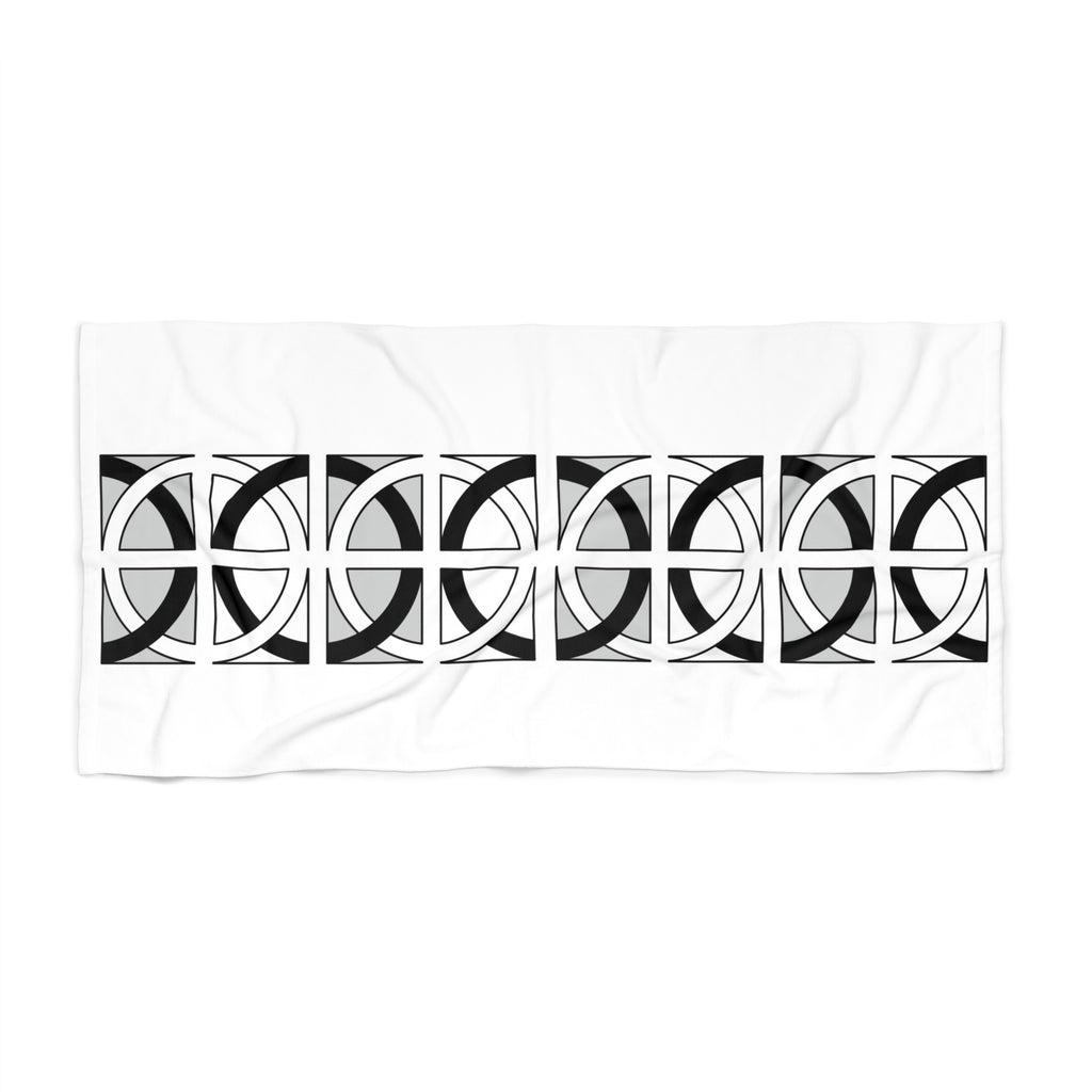 Geometric Moon Phase Beach Towel — Black & White Celestial Stripe