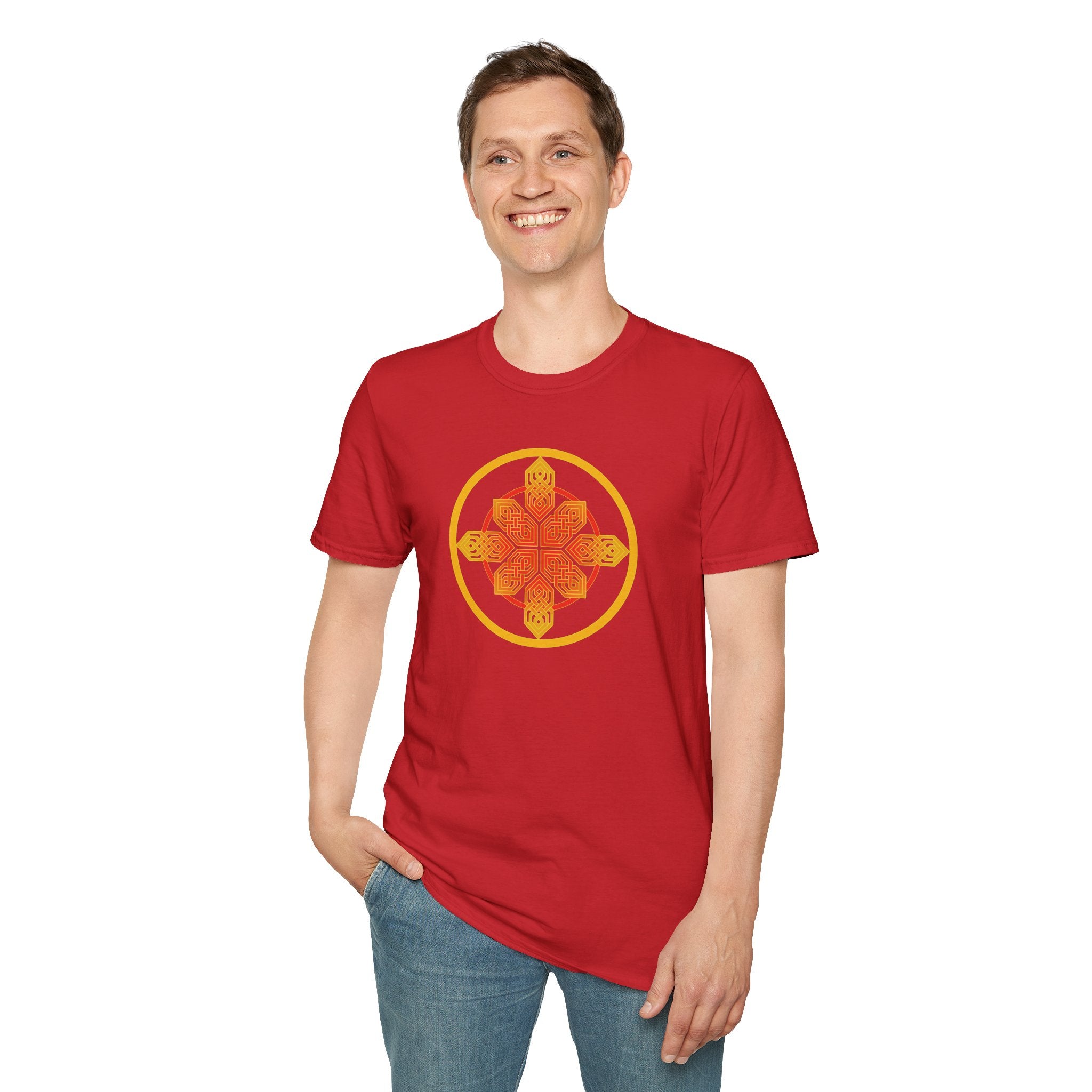Red Blazing Celtic Cross Mandala T-Shirt — Geometric Celtic Knot Graphic Tee