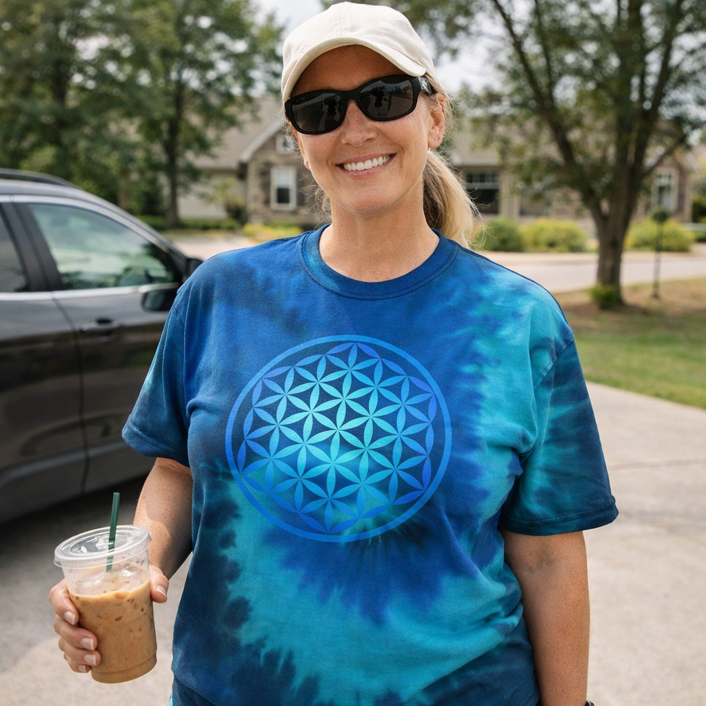 Flower Of Life Shirts - Blue Tie-Dye T-Shirt with Flower of Life - Sacred Geometry Graphic Tee