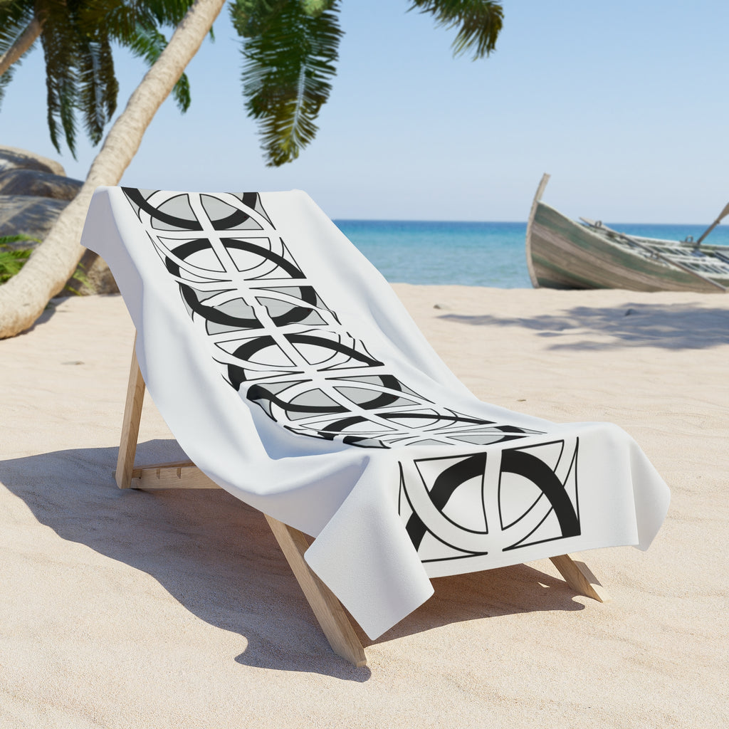 Geometric Moon Phase Beach Towel — Black & White Celestial Stripe