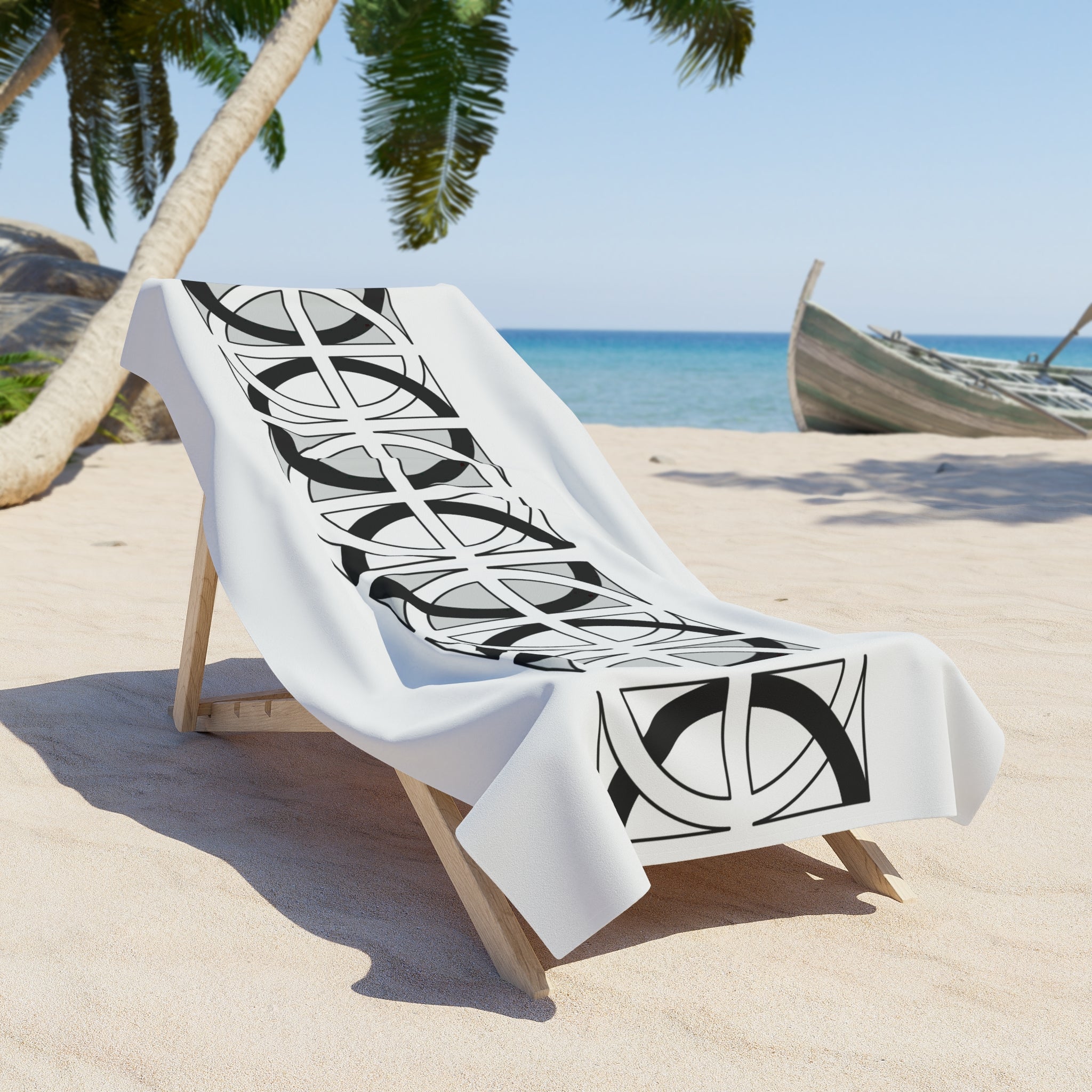 Geometric Moon Phase Beach Towel — Black & White Celestial Stripe