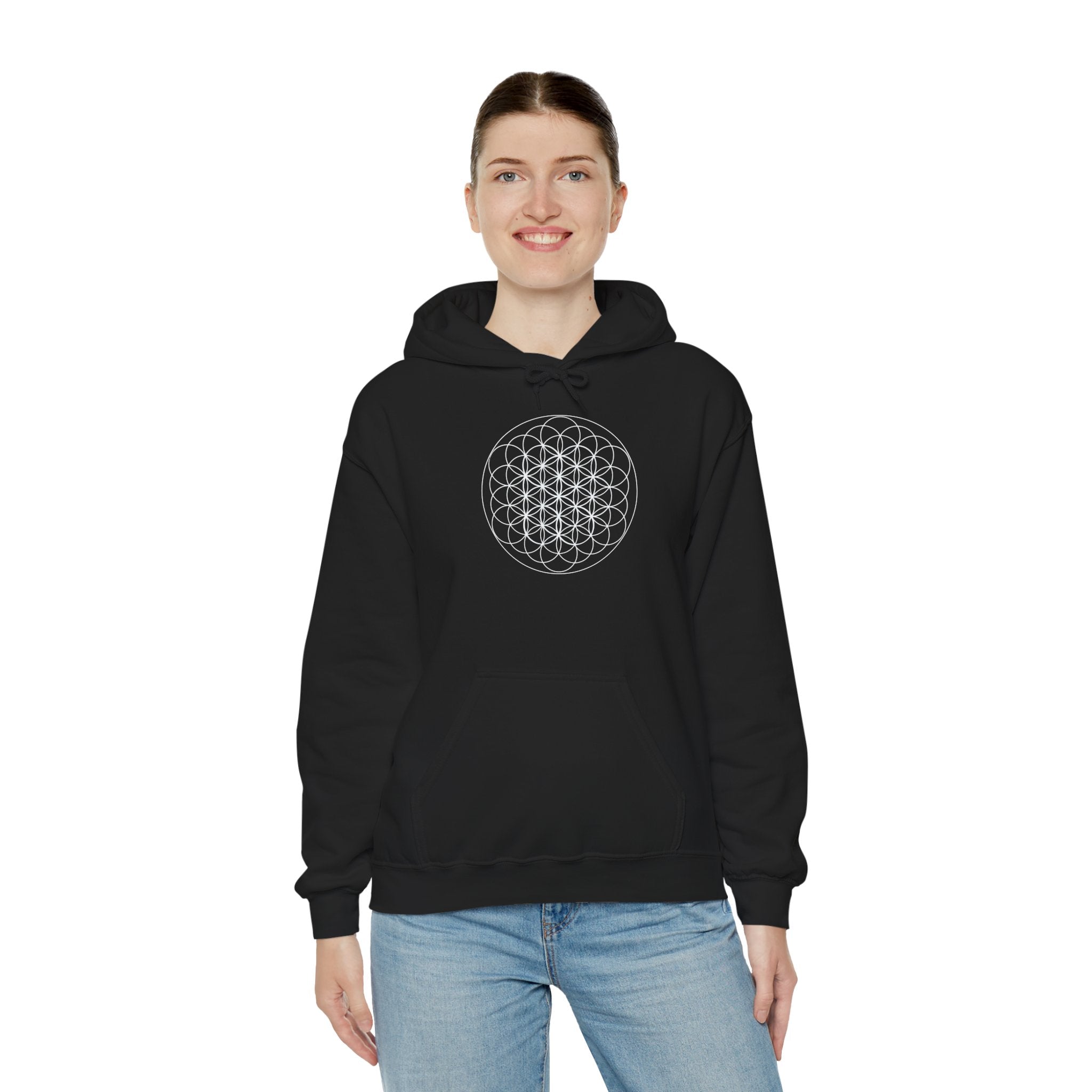 Flower of Life Hoodie White Metatron's Cube — Minimal Geometric Spiritual Pullover