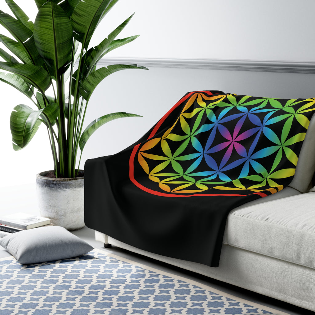 60"x80" Flower Of Life Rainbow Mandala Sacred Geometry Sherpa Blanket