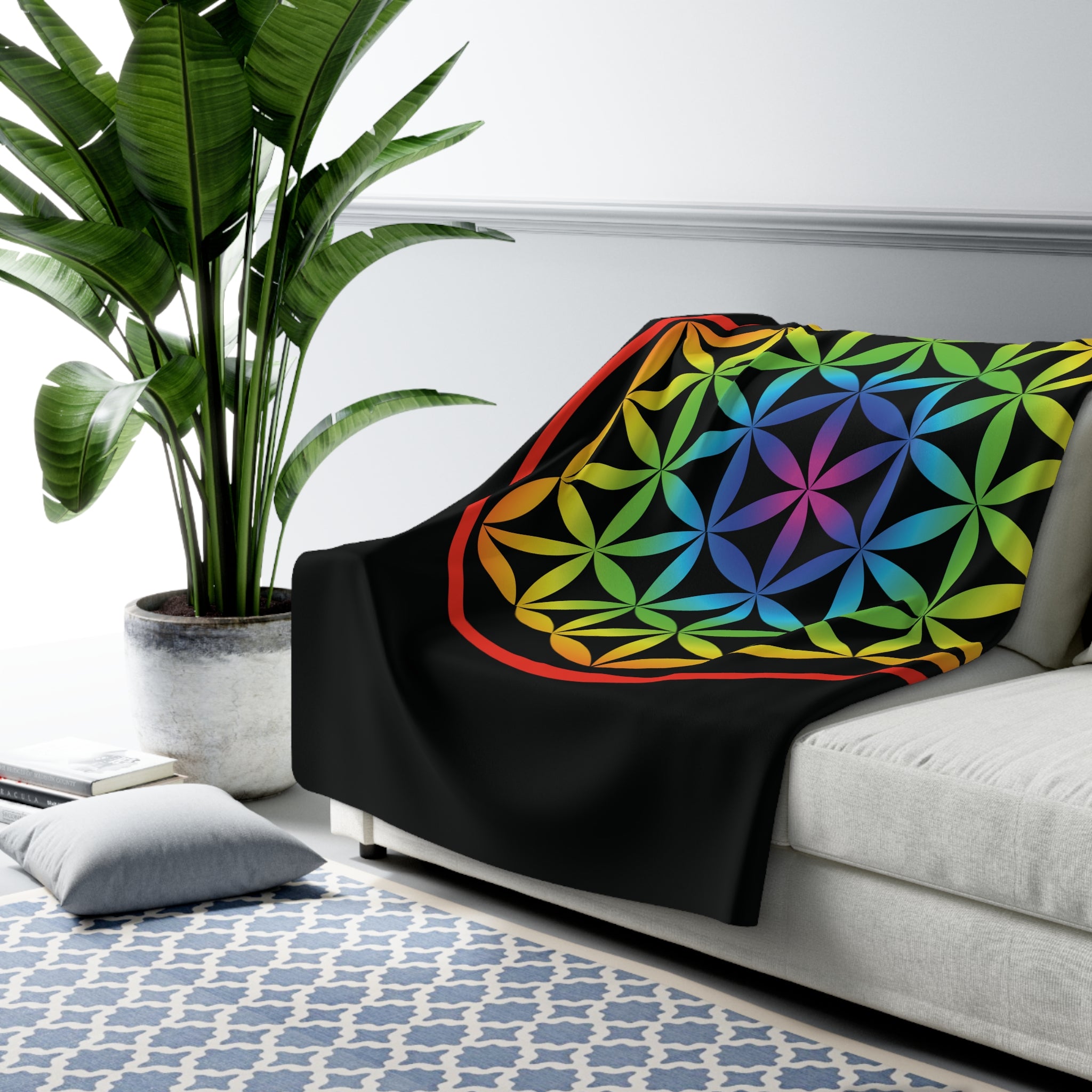 60"x80" Flower Of Life Rainbow Mandala Sacred Geometry Sherpa Blanket