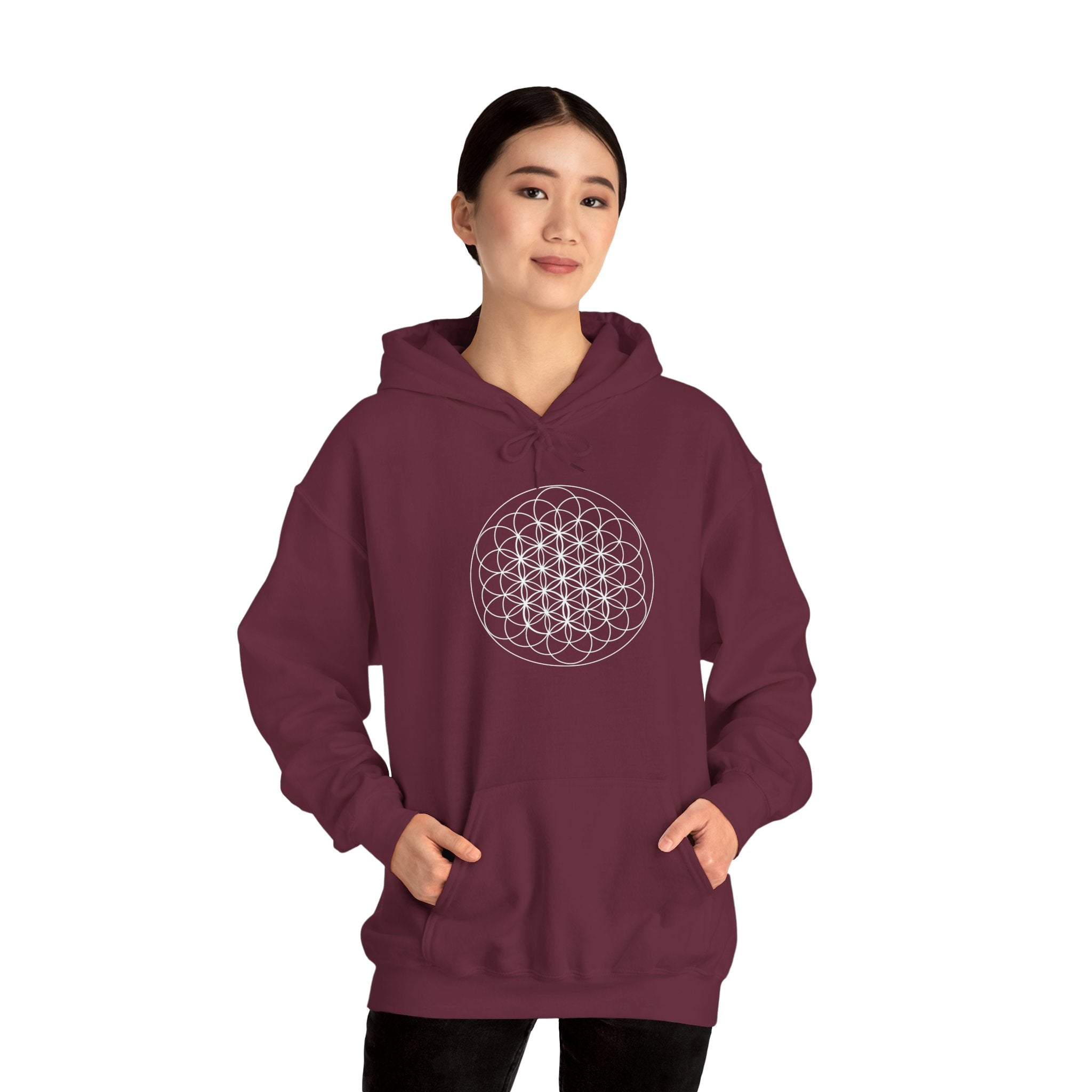 Flower of Life Hoodie White Metatron's Cube — Minimal Geometric Spiritual Pullover